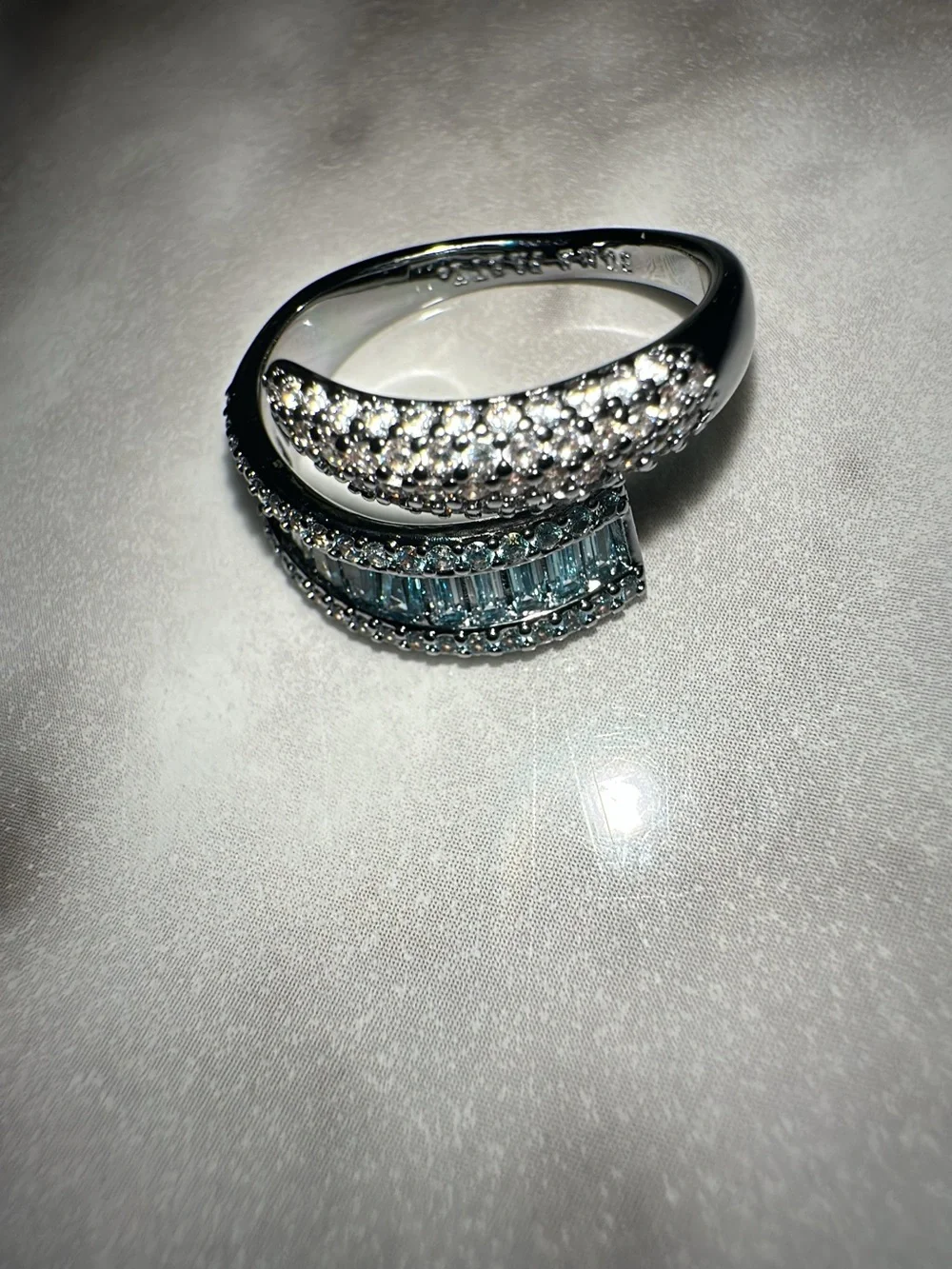 Bomb Party  Silver Blue Topaz & Cubic Zirconia Curved Ring